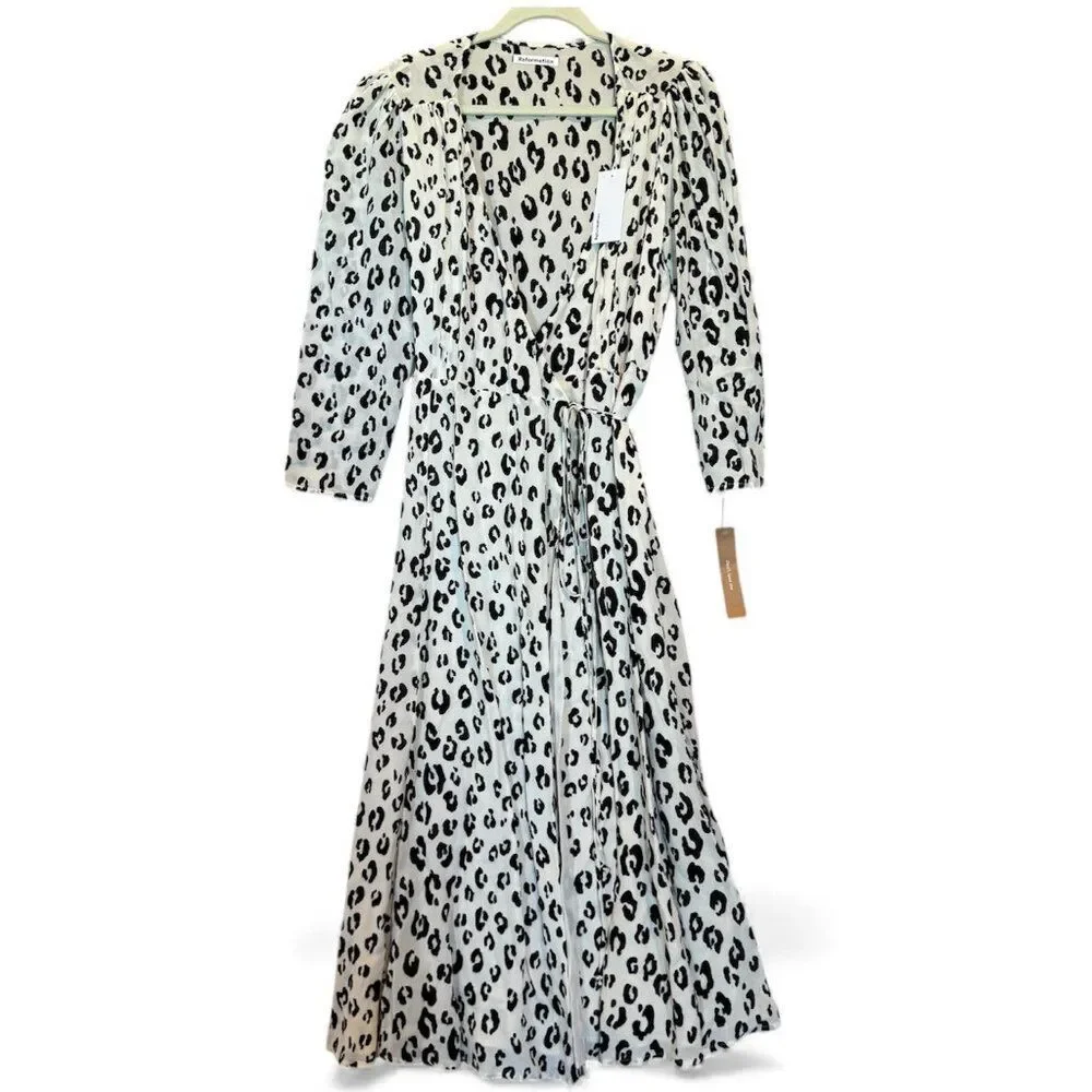 Reformation Melba Wrap Dress NWT Snow Leopard XL Long Sleeve Midi Quiet Luxury